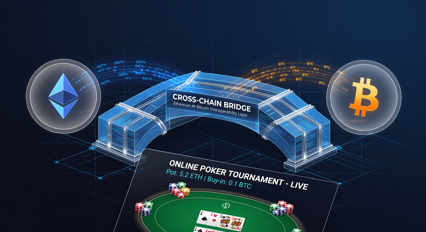 Darstellung von Ethereum- und Bitcoin-Transfers über Bridges in dezentralen Poker-Turnieren