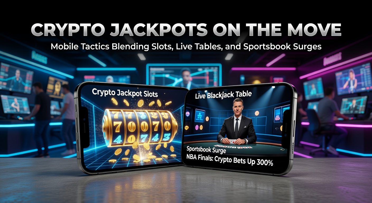 Smartphone mit Krypto-Casino-App, das Slots, Live-Tische und Sportwetten anzeigt, während ein Jackpot-Ticker blinkt