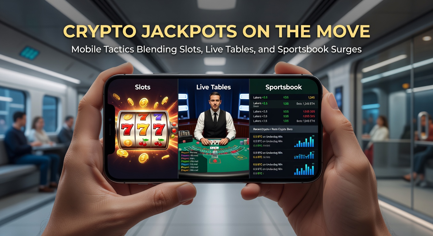 Dynamische Grafik eines mobilen Dashboards mit Slots-Jackpot, Live-Roulette-Tisch und laufenden Sportwetten, Krypto-Wallet im Hintergrund