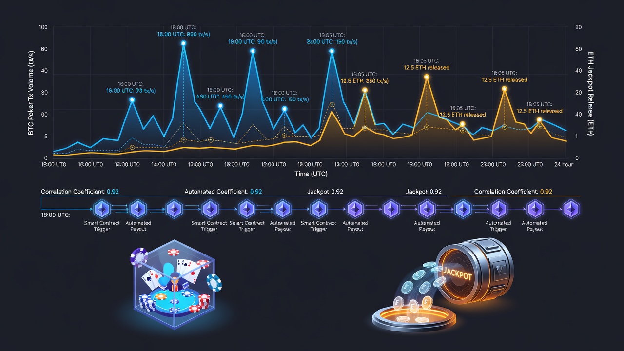 Diagramm illustriert die zeitliche Überlappung von Bitcoin-Transaktionsspitzen und Ethereum-Jackpot-Freigaben in mobilen Stunden