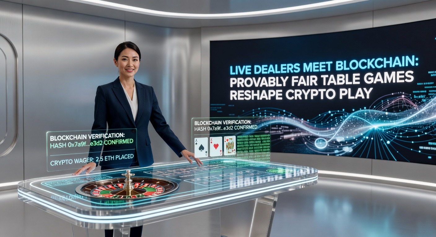Live Dealer am Tisch mit Blockchain-Überlagerung, die Transparenz und Fairness symbolisiert
