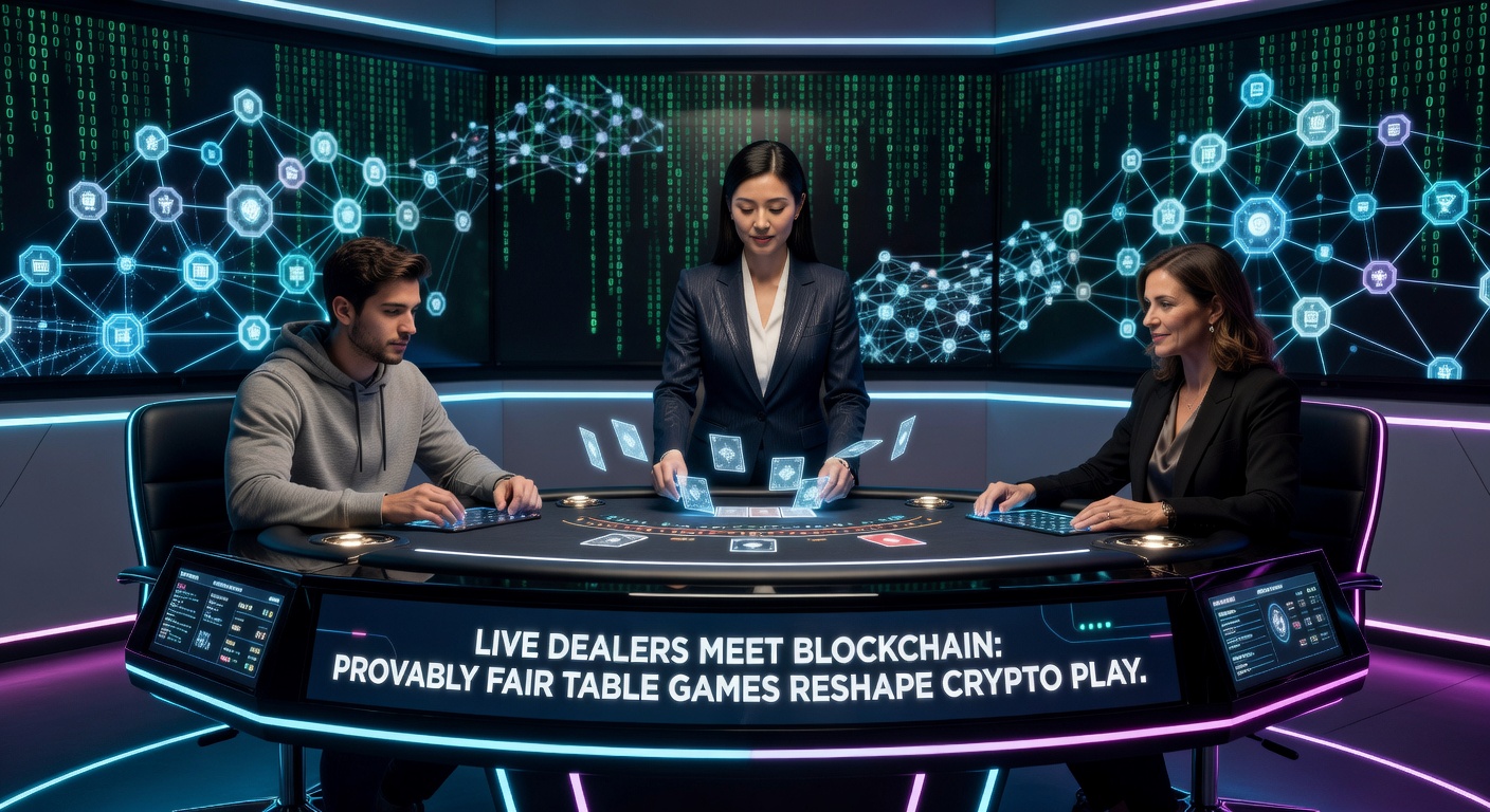 Blockchain-Visualisierung mit Live Dealer-Elementen, die Fairness und Transparenz darstellt