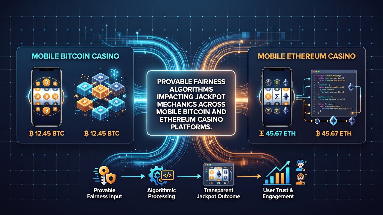 Mobile Bitcoin- und Ethereum-Casino-Schnittstelle mit verifizierbaren Jackpot-Anzeigen und Fairness-Protokollen